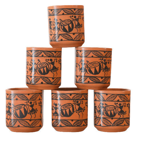 Clay Square Cup Set 170 ML (6 piece) Warli Timpany Design