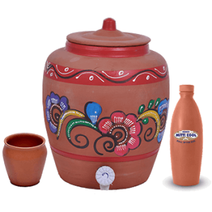 Combo Offer – Glass Set (200 ml. - 6 Pieces), Clay Water Bottle (1 Lit.), Earthen Water Pot (11 Lit.)